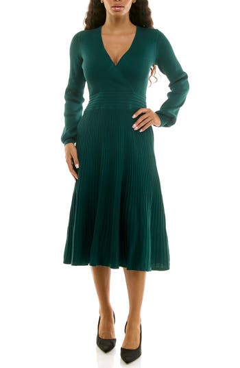 Nina Leonard Long Sleeve Ribbed Fit & Flare Sweater Dress In Green
