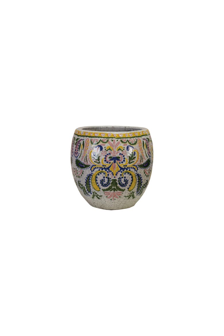 Large Terra-cotta Planter with Floral Pattern, Crackle Glaze, Multicolor, Main, color, Grey