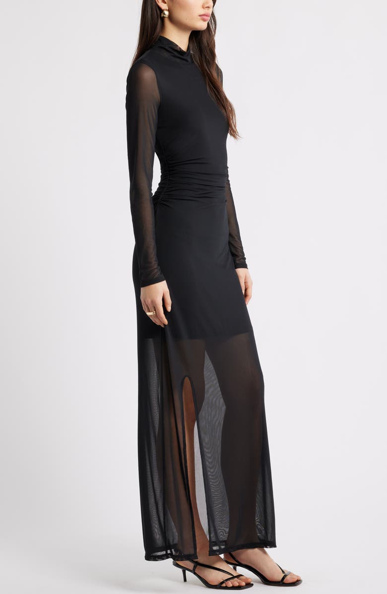 Open Edit Mock Neck Long Sleeve Mesh Maxi Dress, Alternate, color, Black