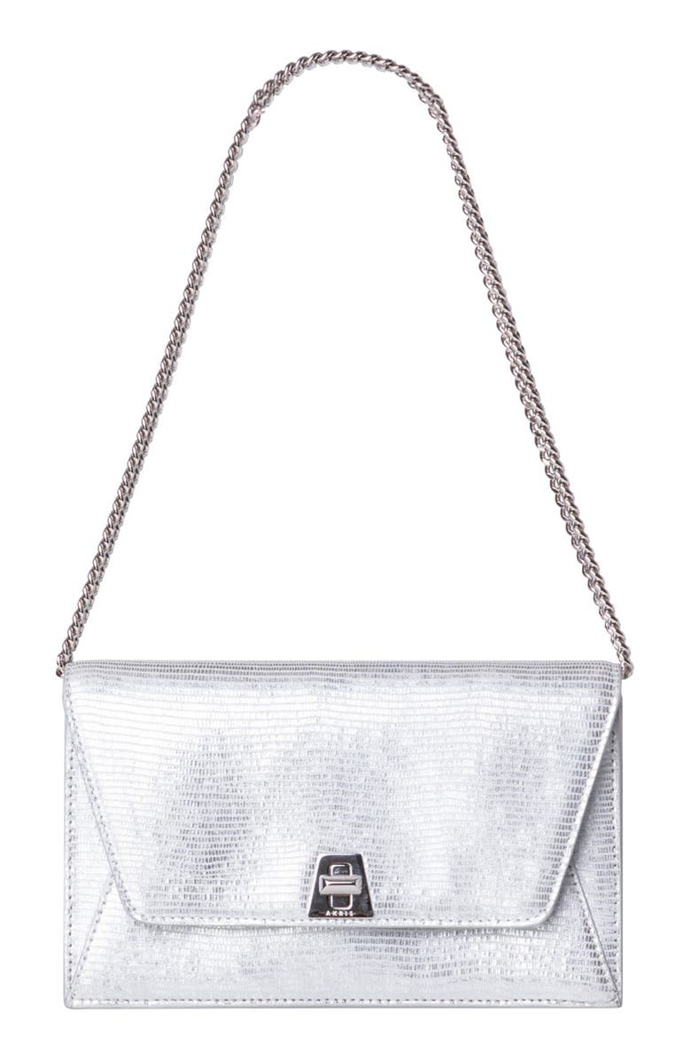 Akris Anouk Lizard Embossed Leather Envelope Wallet on a Chain, Alternate, color, Silver Metallic