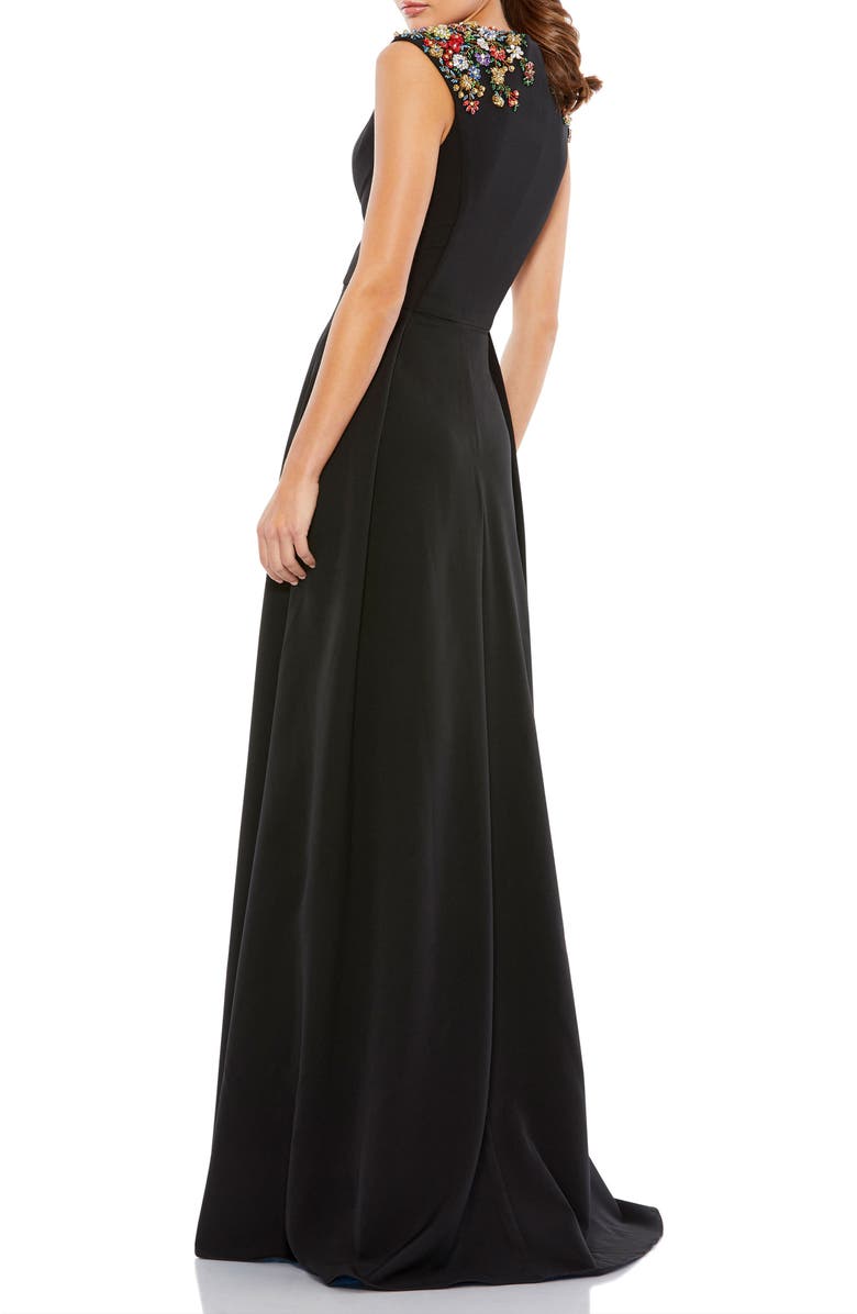 Mac Duggal Beaded Cap Sleeve V Neck A Line Gown, Alternate, color, Black