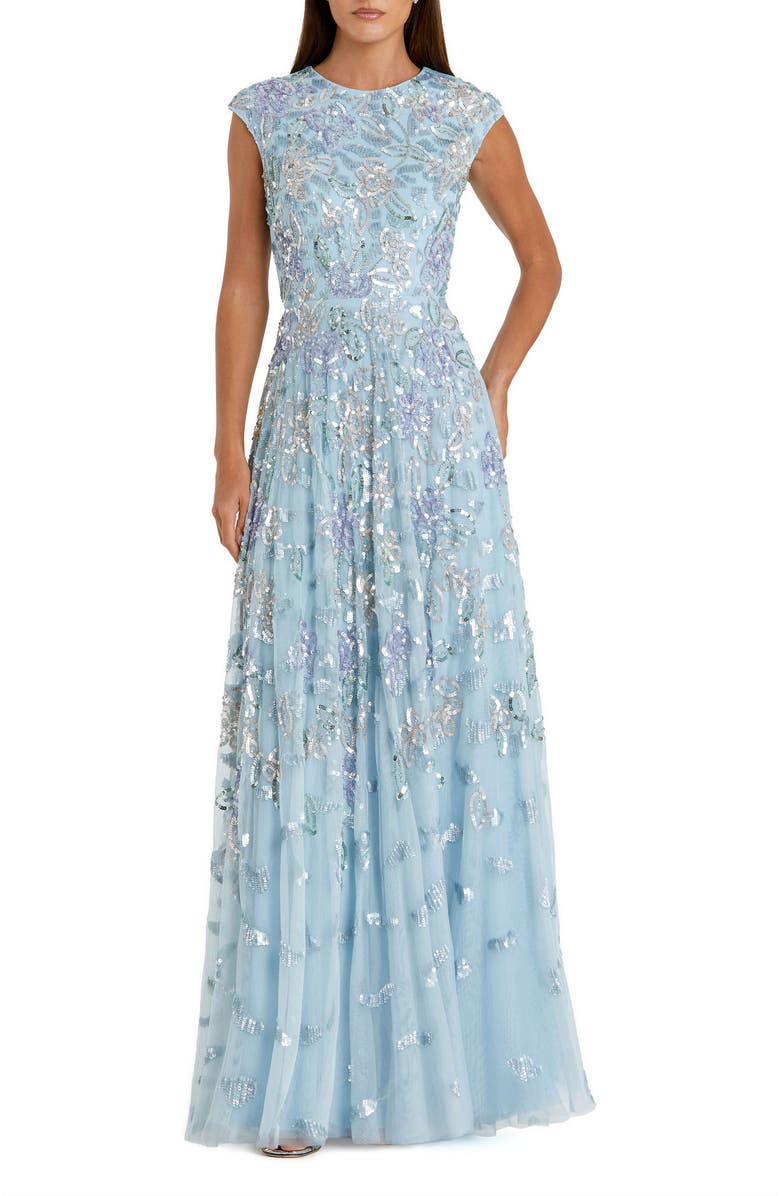 Mac Duggal Women's Sequin Mesh High Neck Cap Sleeve A Line Gown, Main, color, Ice Blue Multi