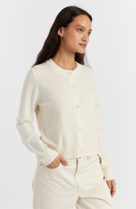 Wool Cashmere Blend Crew Neck Cropped Cardigan