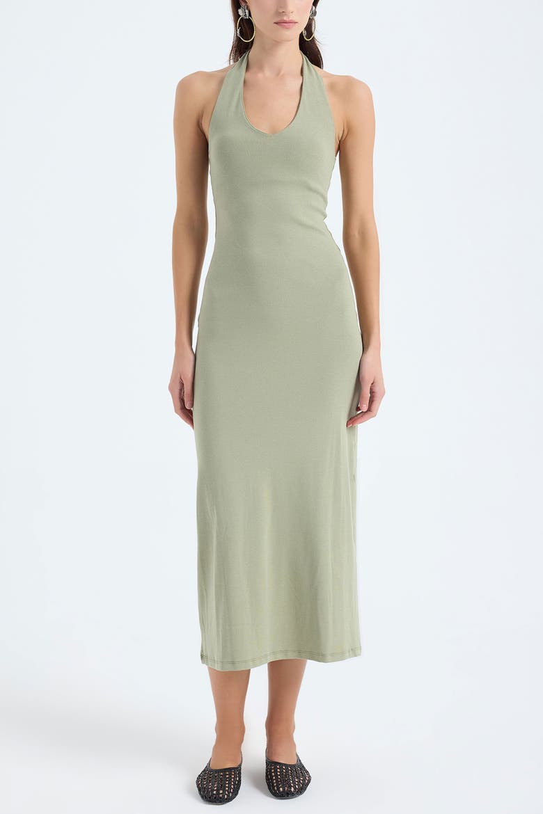 Orion Halter Neck Cotton Bodycon Midi Dress, Main, color, Dusty Olive