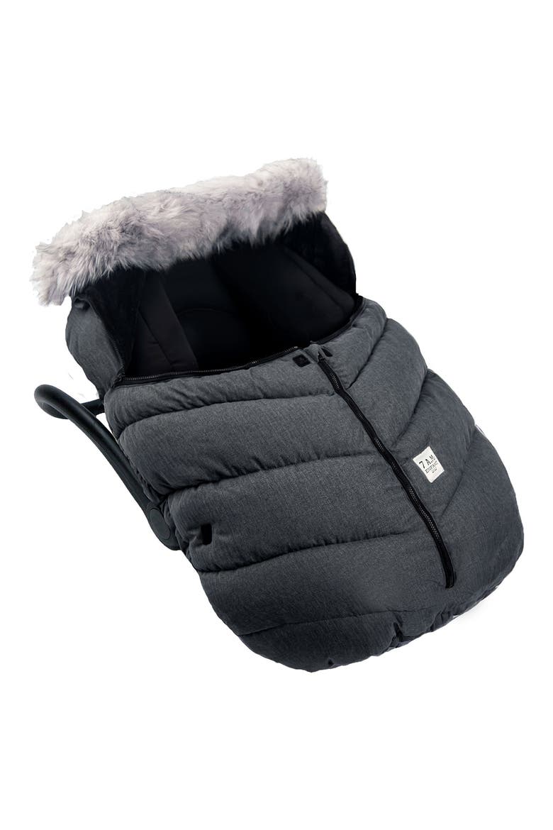 Water Repellent Faux Fur Trim Car Seat Cocoon, Alternate, color, DARK HEATHER GREY FAUX FUR
