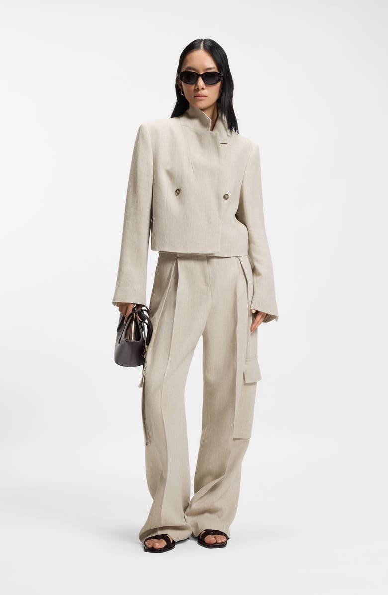 BOSS Jojeka1 Double Breasted Linen Blend Crop Blazer, Alternate, color, Herringbone Linen