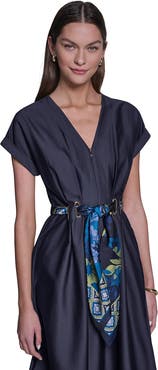 HALSTON Grommet Belt Zip Front Midi Shirtdress