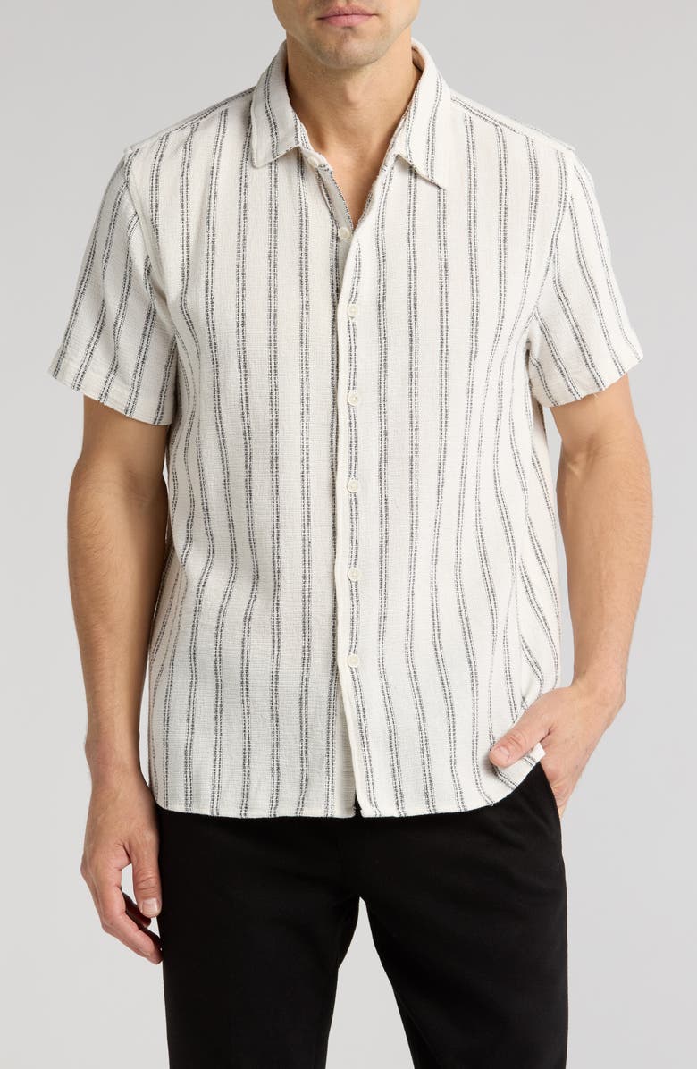 DENIM AND FLOWER Textured Stripe Short Sleeve Shirt, Main, color, White