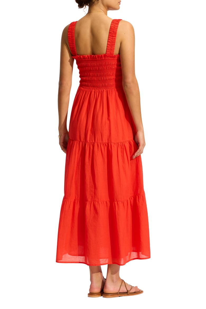 Faithful Smocked Tiered Cotton Cover-Up Midi Dress, Alternate, color, FLAME