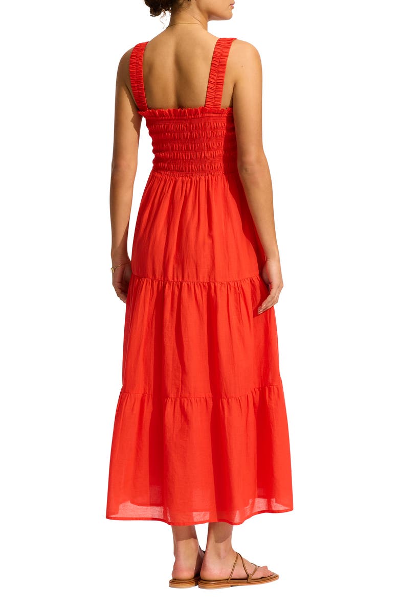 Seafolly Faithful Smocked Tiered Cotton Cover-Up Midi Dress, Alternate, color, Flame