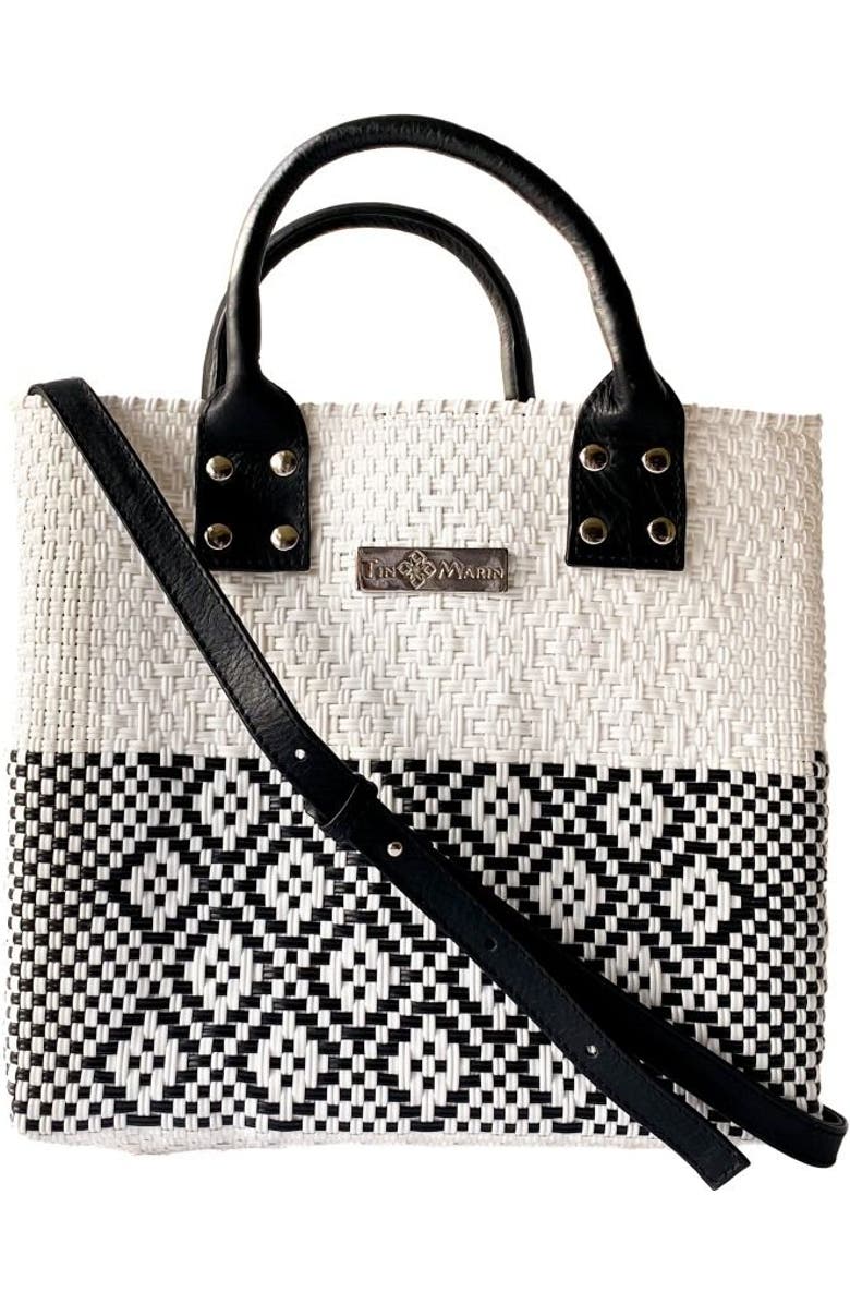 Tin Marin White Large Woven Crossbody Bag, Main, color, Black Leather Straps