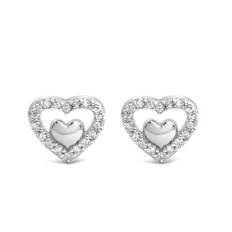 Silver 1/6 Cttw Diamond Open Double Heart Stud Earrings