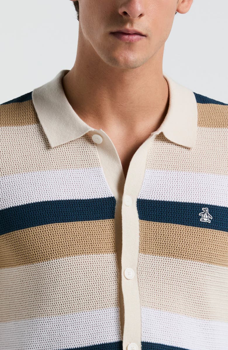 Original Penguin Mesh Stripe Short Sleeve Cardigan, Alternate, color, Birch