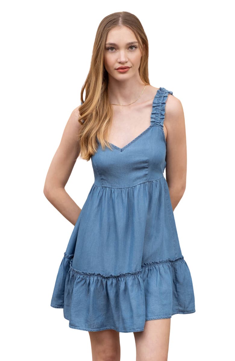 Blu Pepper Ruffle Empire Waist Chambray Minidress, Alternate, color,