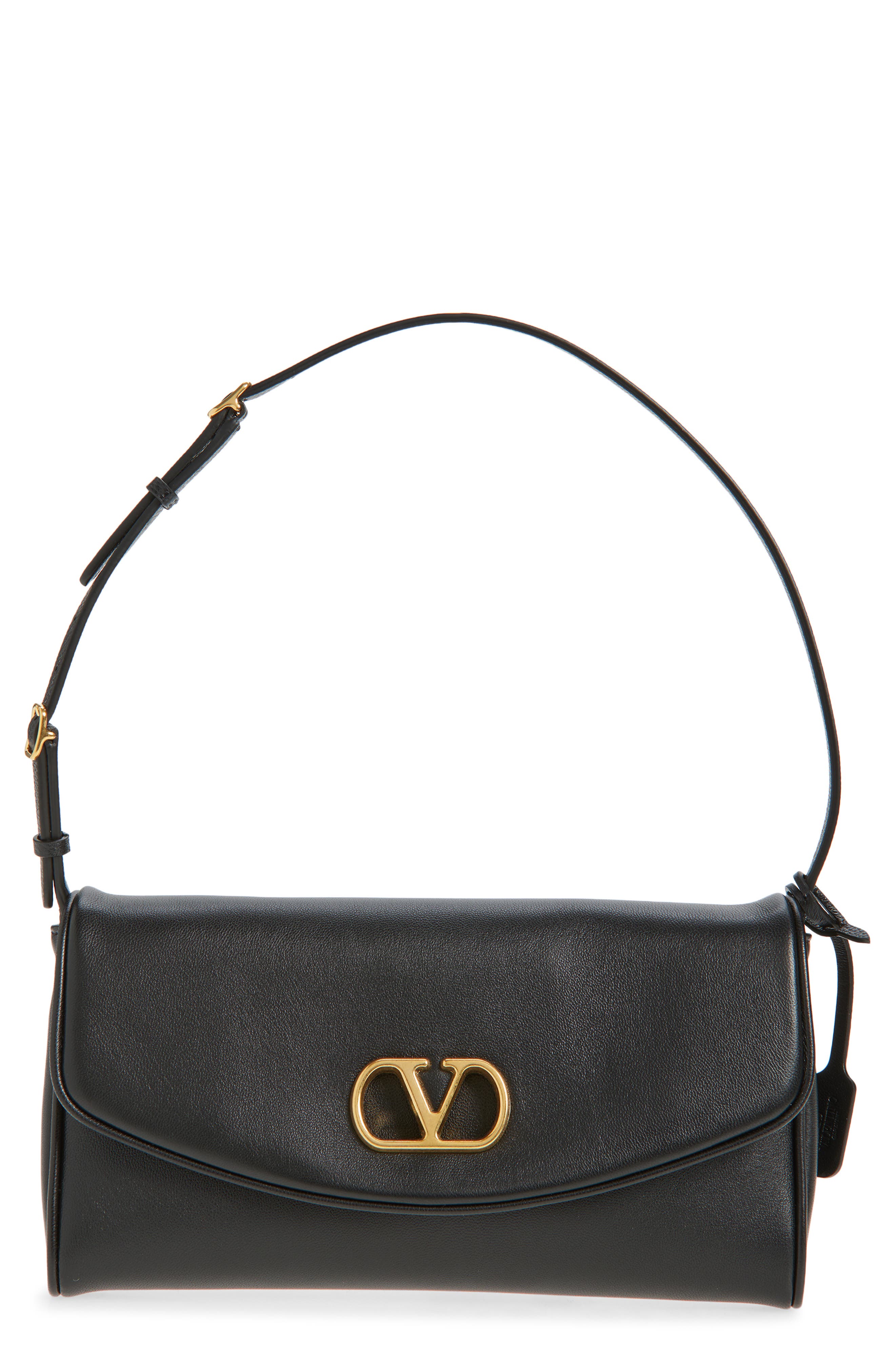 Valentino Garavani Small DeVain Leather Shoulder Bag, Main, color, Black