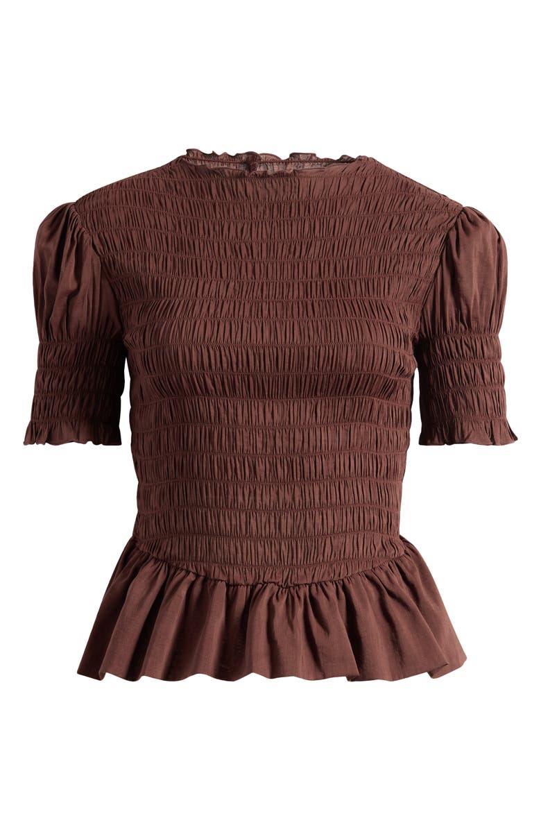 Reformation Aggie Smocked Ruffle Hem Top, Alternate, color, Cafe