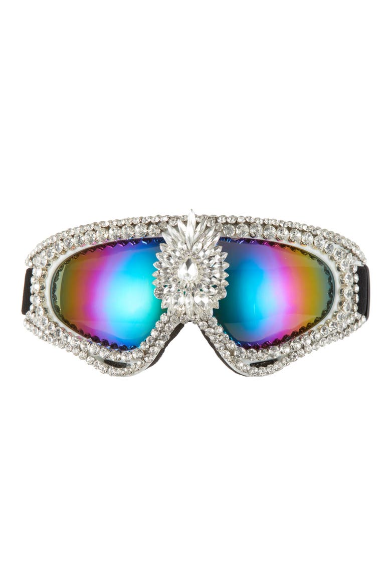 Crystal Embellished Mirrored Snow Goggles, Main, color, WHITE