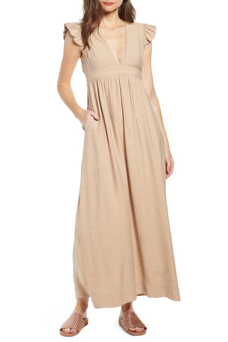 Flutter Sleeve Maxi Dress, Main, color, SABBIA