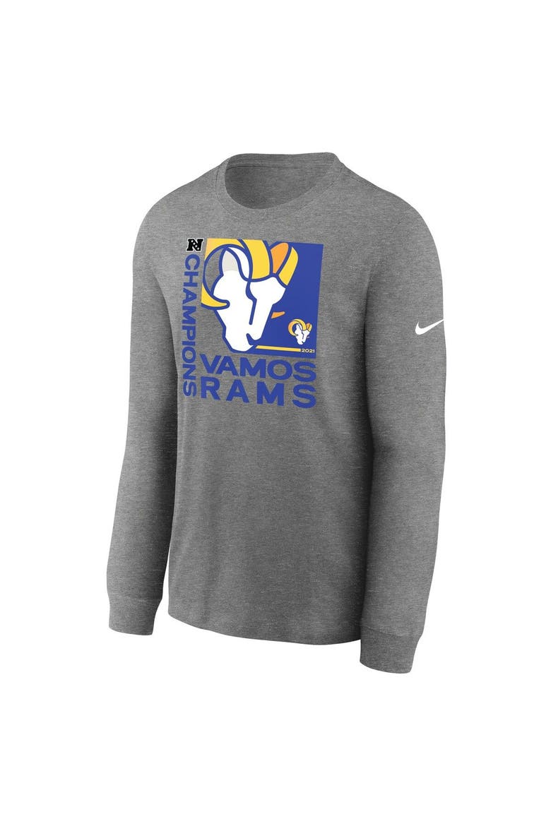 Men's Nike Heathered Charcoal Los Angeles Rams 2021 NFC Champions Team Slogan Long Sleeve T-Shirt, Alternate, color, Heather Charcoal