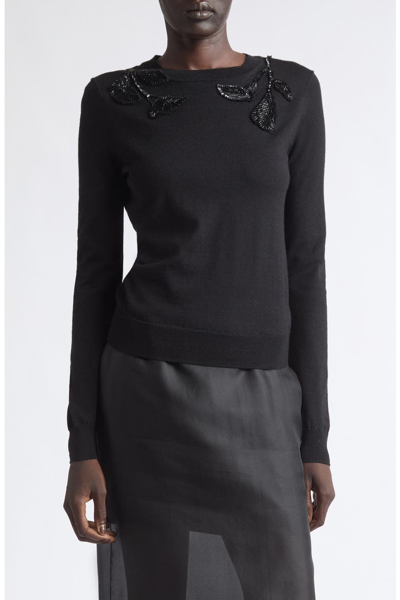 Beaded Shoulder Wool & Silk Sweater, Main, color, BLACK