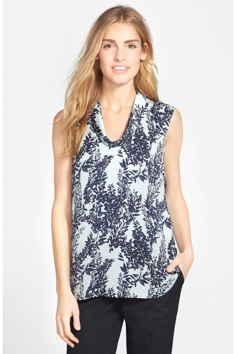 SLEEVELESS COWL NECK TOP, Main, color, BLUE- NAVY WISTERIA PRINT