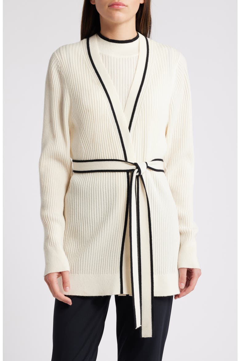 Ferinia Tie Waist Wool & Cashmere Rib Cardigan, Main, color, OPEN WHT