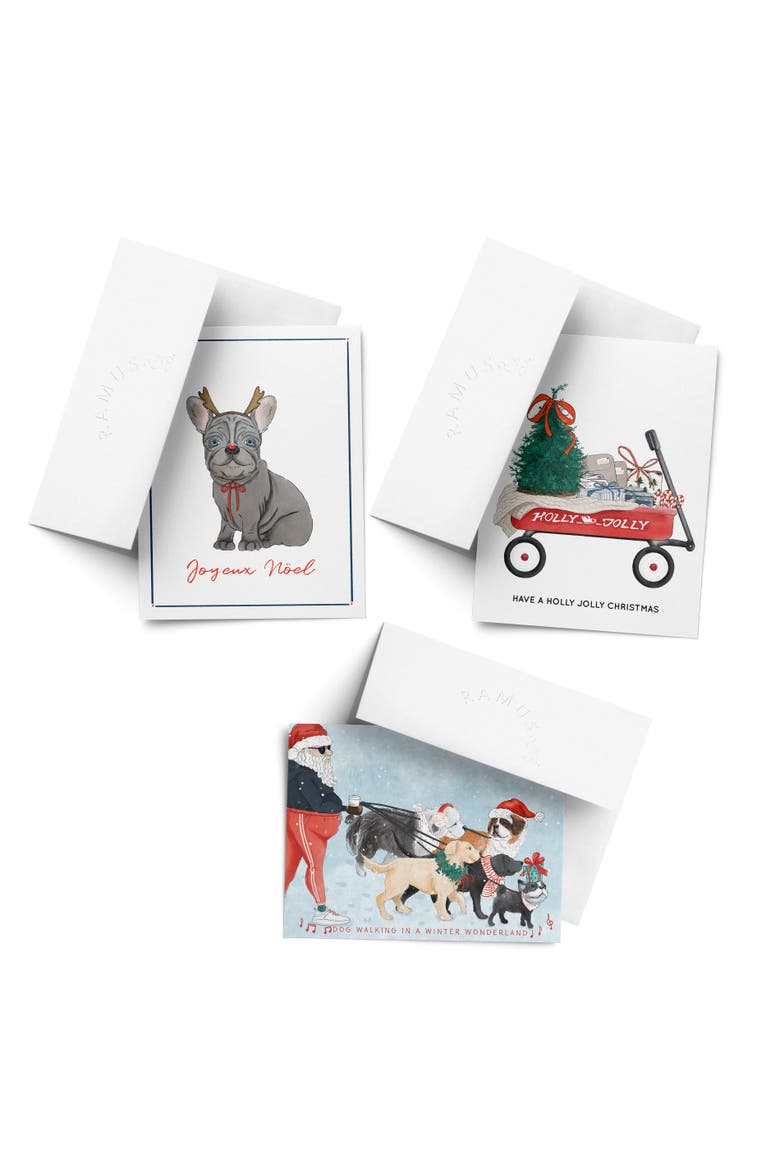 Reindeer Frenchie Dog, Christmas Wagon, Santa Dog Walking Winter/Holiday/Christmas Greeting Card Pack Sets, Main, color, Multi-Pack