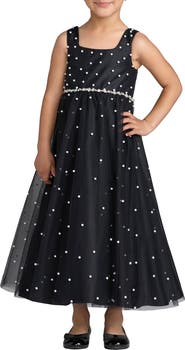Mac Duggal Girls Pearl Embellished Tulle Maxi Dress