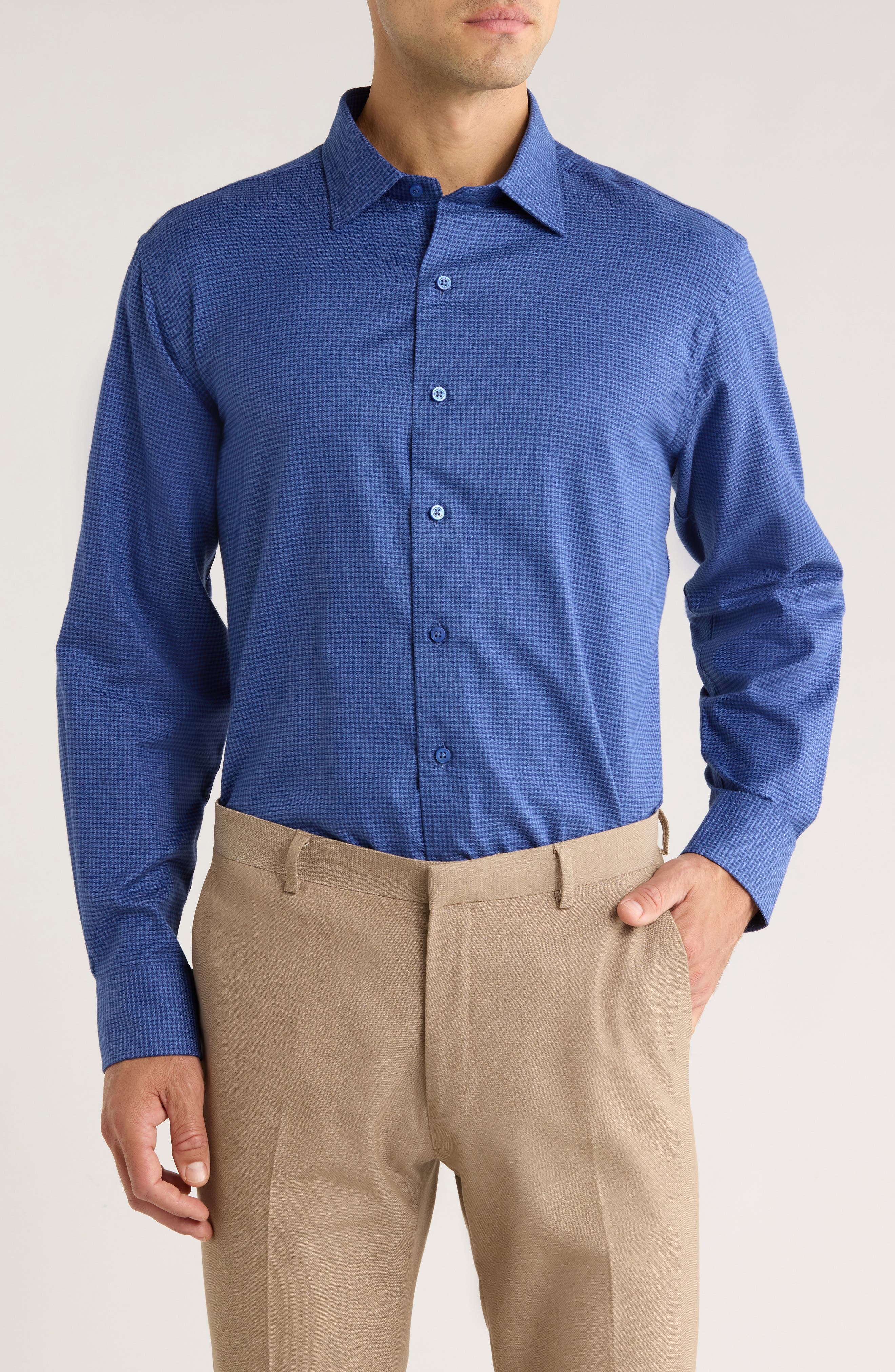 David Donahue Herringbone Micro Check Print Sport Shirt