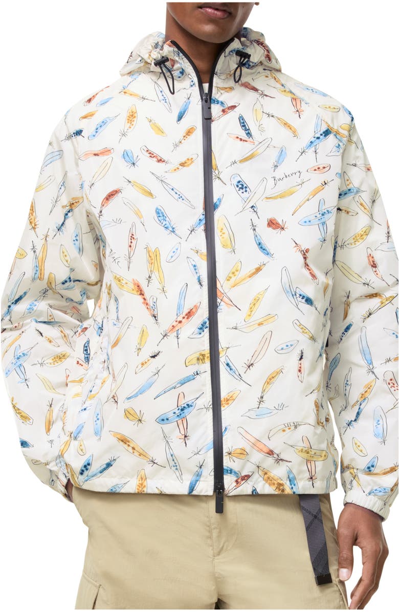 Burberry Feather Print Nylon Hooded Jacket, Main, color, Ink Blue