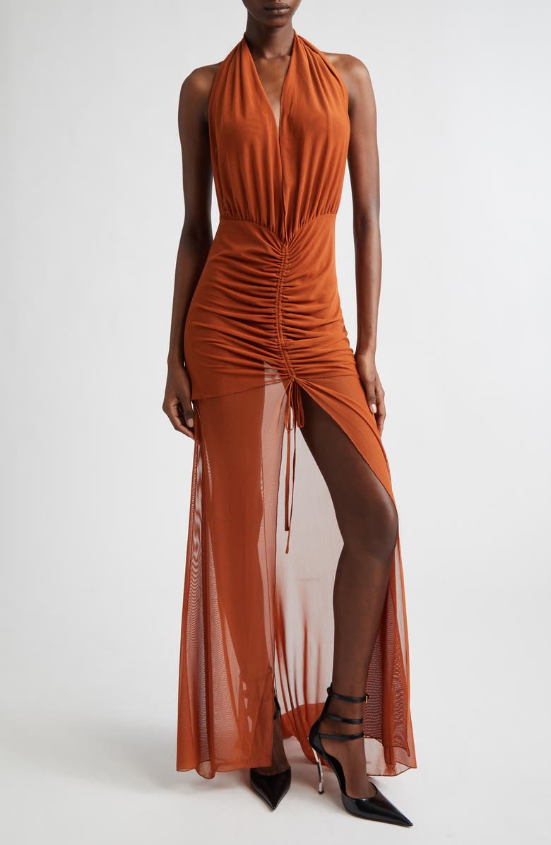 KIM SHUI Rust Mesh Halter Dress, Main, color, Rust