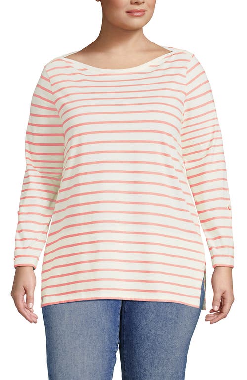 Lands' End Plus Size Supima Cotton Adjustable 3/4 Sleeve Boatneck Tunic In Ivory/peach Breton Stripe