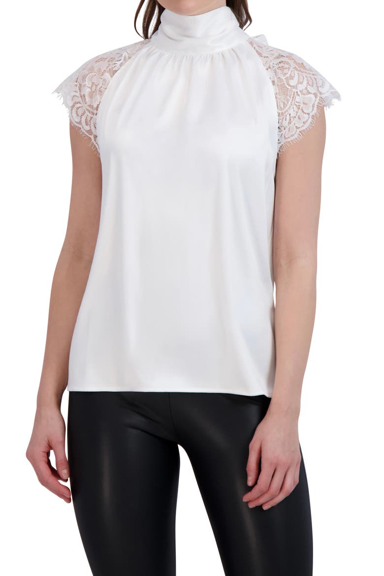 Tie Back Mock Neck Lace Sleeve Satin Blouse, Main, color, WHITE
