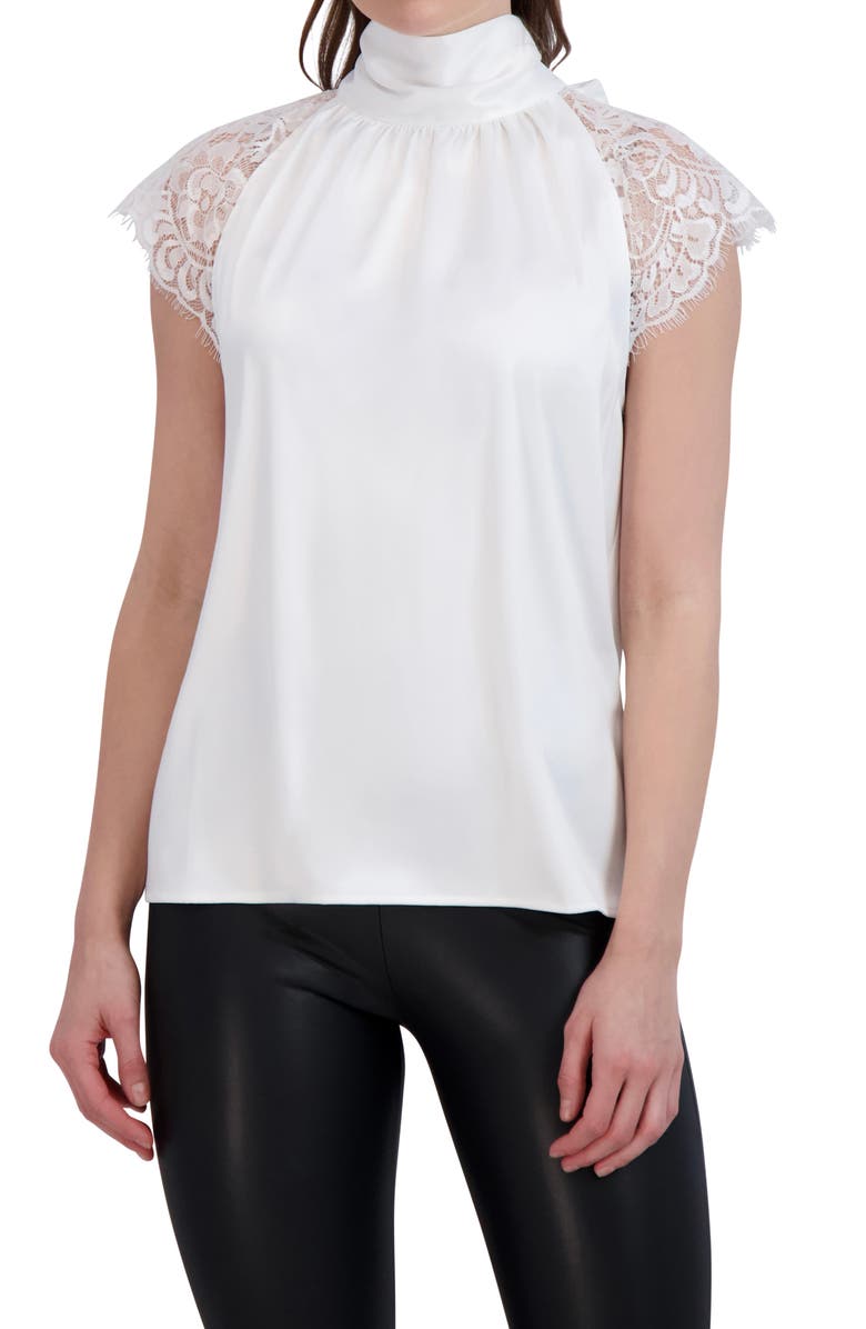 Ookie & Lala Tie Back Mock Neck Lace Sleeve Satin Blouse, Main, color, White