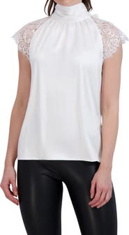 Ookie & Lala Tie Back Mock Neck Lace Sleeve Satin Blouse