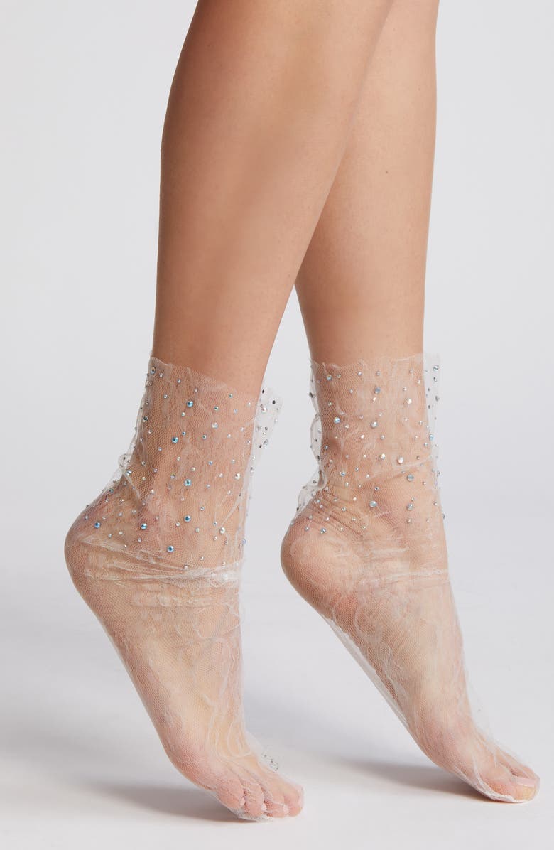 HIGH HEEL JUNGLE Crystal Lace Slouchy Sheer Tulle Socks, Main, color, White