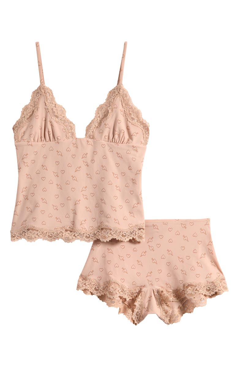 SKIMS Fits Everybody Lace Trim Crop Camisole & Shorts Pajamas, Alternate, color, Mica Sketched Hearts