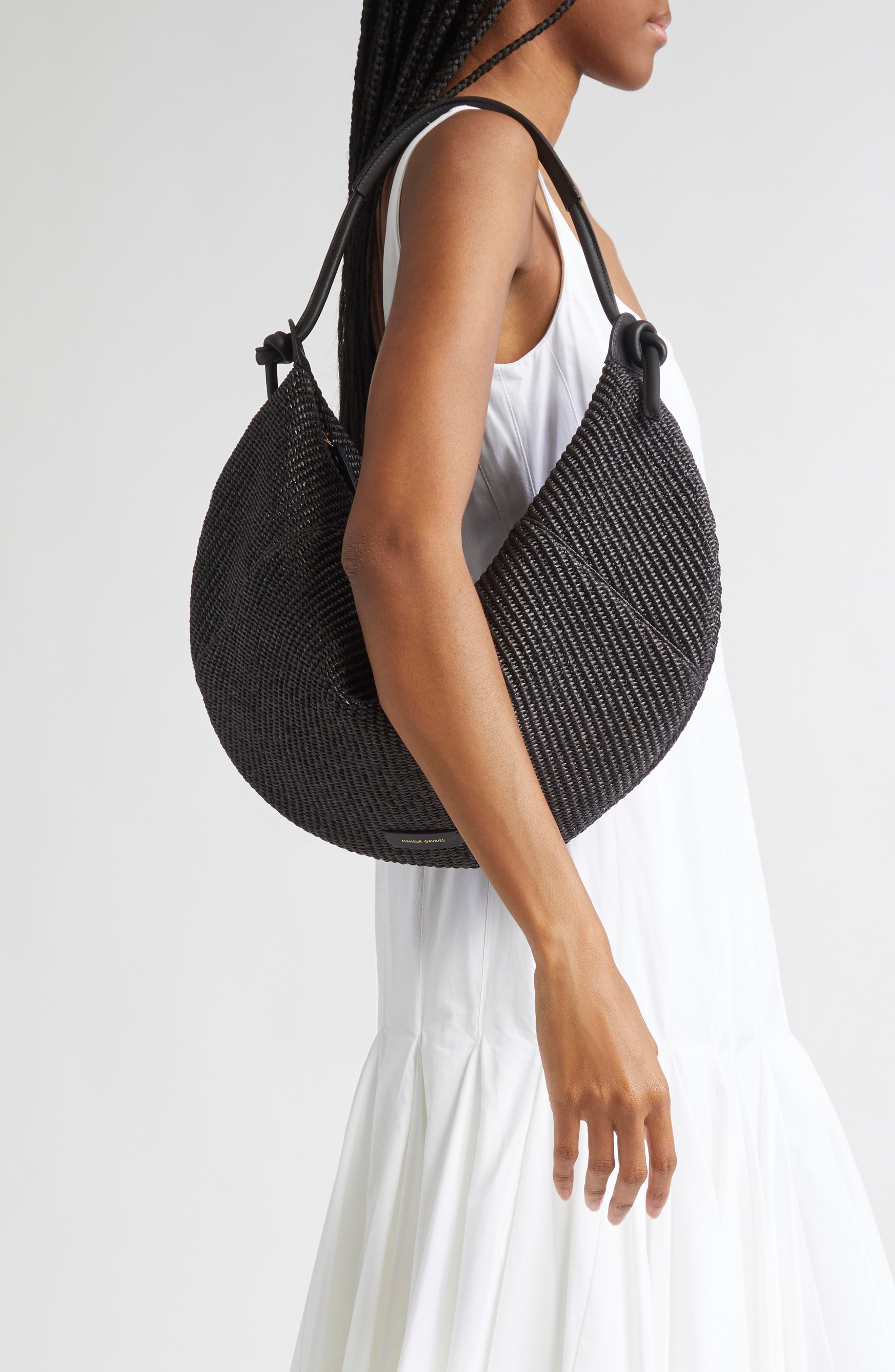 Mansur Gavriel Fortuna Raffia Hobo Bag, Alternate, color, Black/ Black