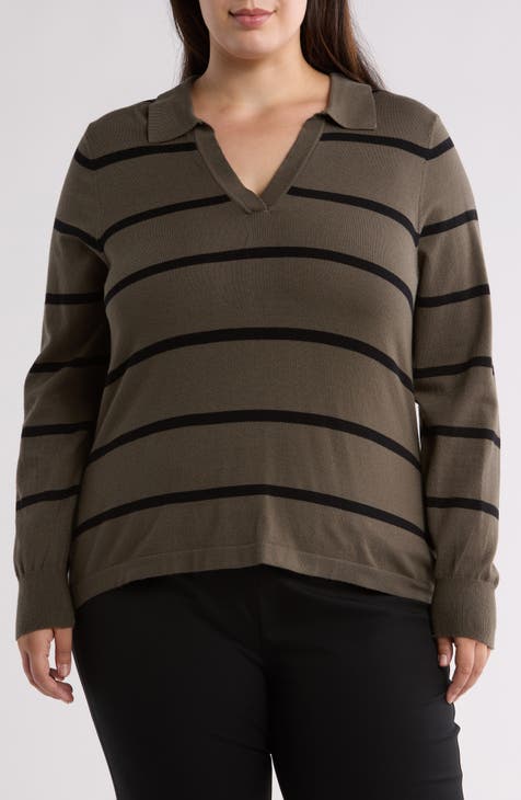 Stripe Fine Gauge Polo Sweater (Plus)