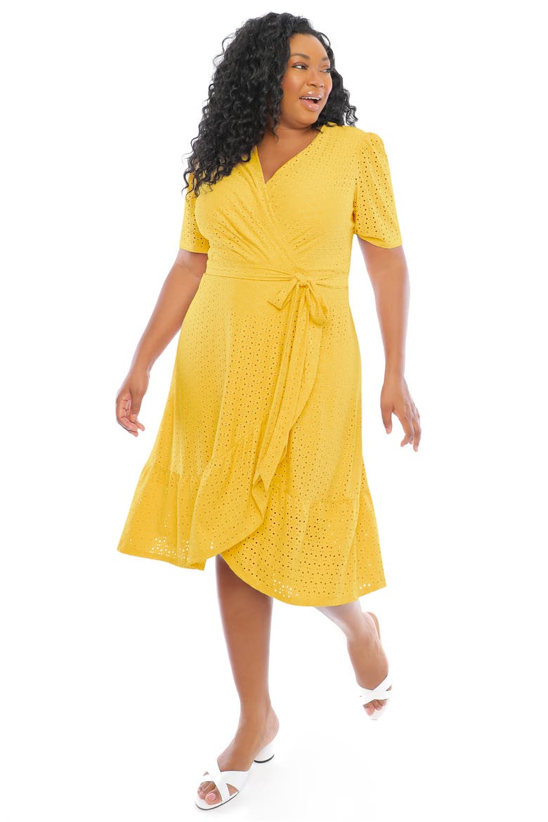 Embroidered Ruffle Wrap Dress, Alternate, color, YELLOW