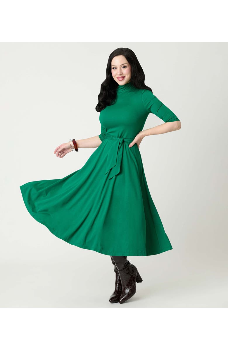 Unique Vintage 1950s Turtleneck Midi Dress, Alternate, color, Green Solid