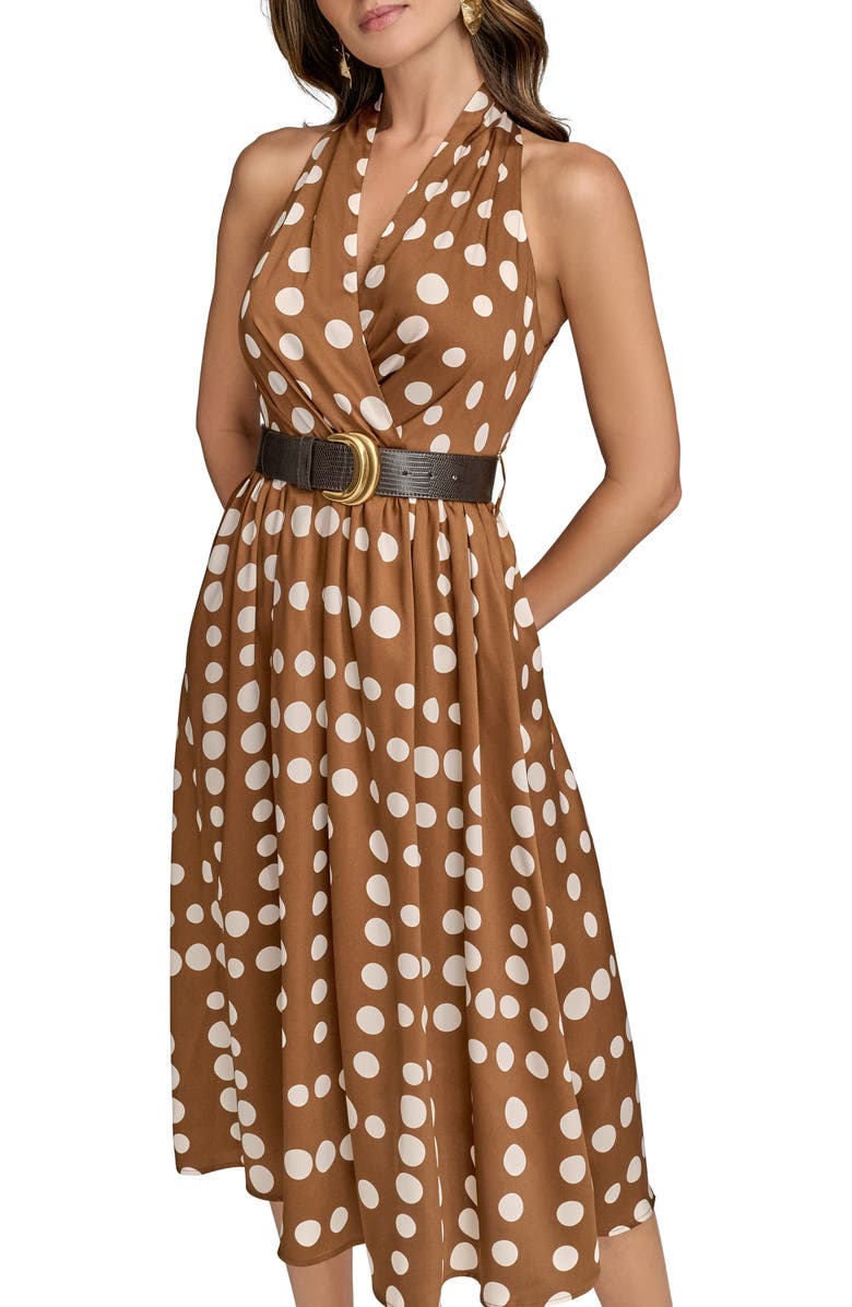 Donna Karan New York Polka Dot Belted Midi Dress, Alternate, color, Russet/ Light Canvas