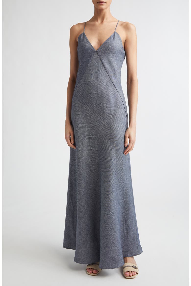 Bias Cut Linen Blend Chambray Dress, Main, color, 11 BLUE