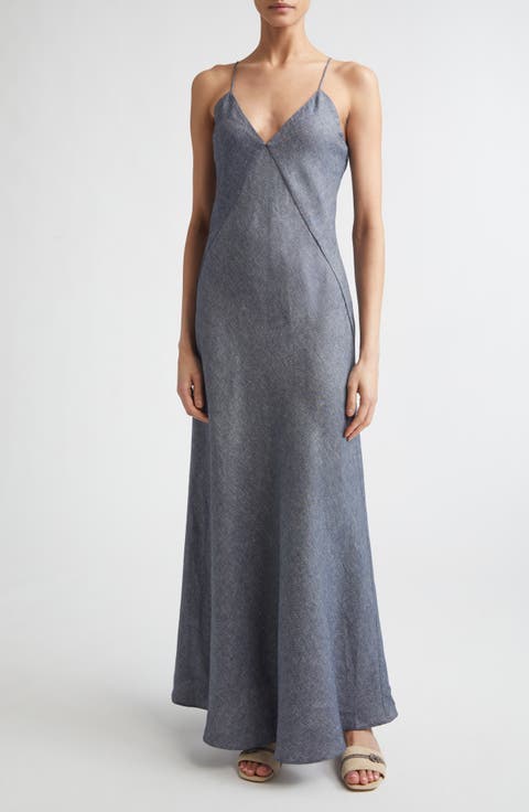 Bias Cut Linen Blend Chambray Dress