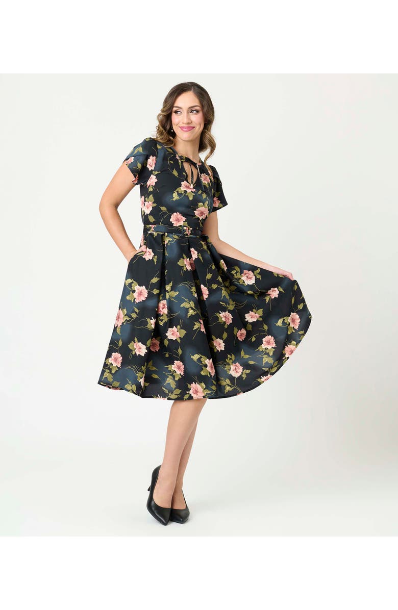 Unique Vintage Short Petal Sleeve Tie Neck Dahlia Swing Dress, Main, color, Black