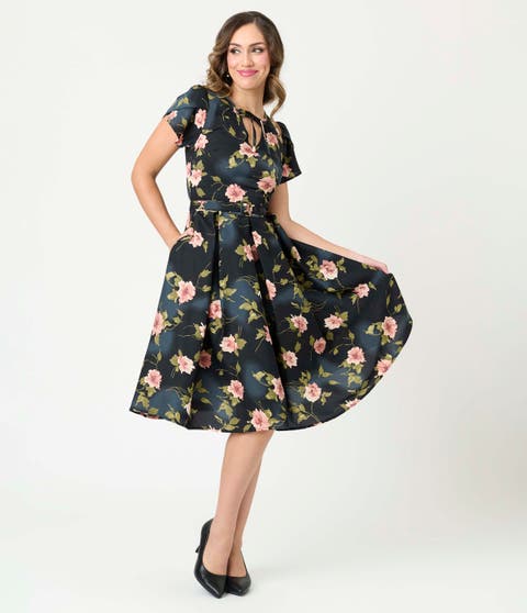 Short Petal Sleeve Tie Neck Dahlia Swing Dress