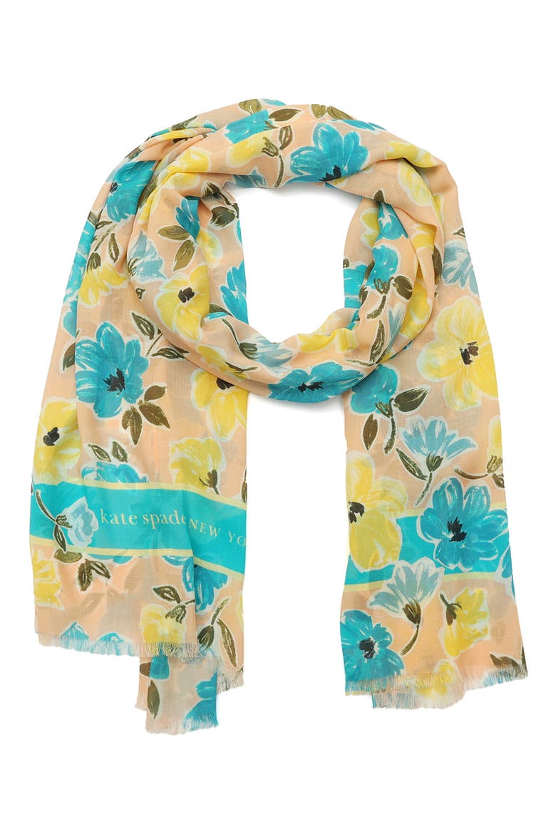spring roses oblong cotton & silk blend scarf, Main, color, CORAL MULTI