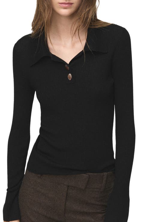 Rib Fluted Long Sleeve Polo Sweater