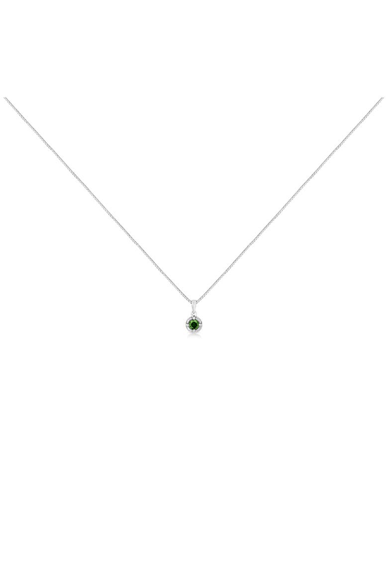 Silver 1/5 Cttw Treated Green Diamond Solitaire 18" Milgrain Pendant Necklace, Alternate, color, Green Diamond