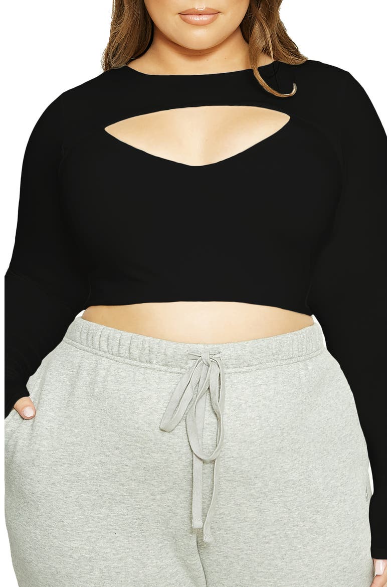 x Lori Harvey Front Cutout Long Sleeve Crop Top, Alternate, color, BLACK